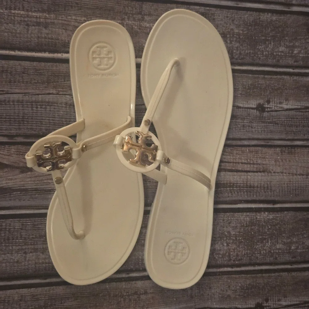 Sz 7 Womens Tory Burch Mini Miller Jelly  Ivory Cream Gold Logo Thong Sandals
